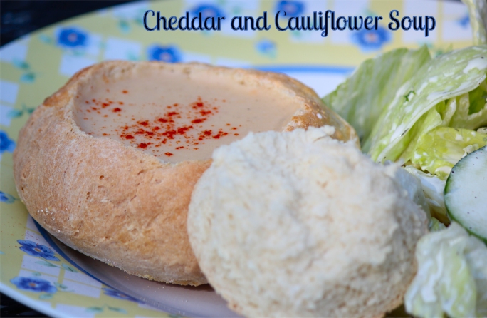 Cheddar and Cauliflower Soup in Bread Bowls